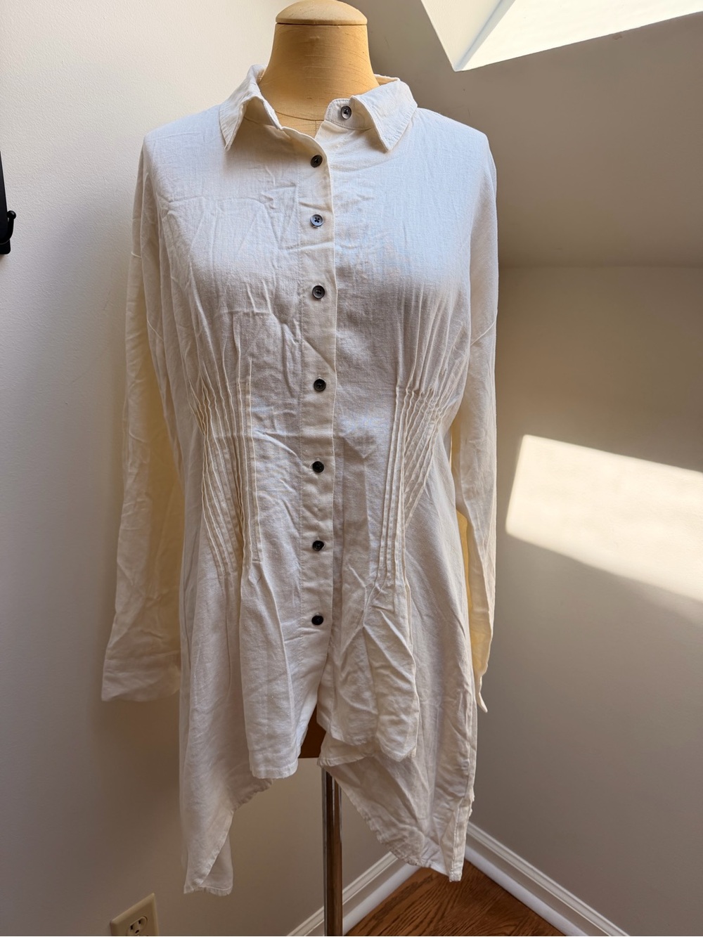 Peace Love World Linen Cream Button-Front Tunic Shirt with Pintuck Detail